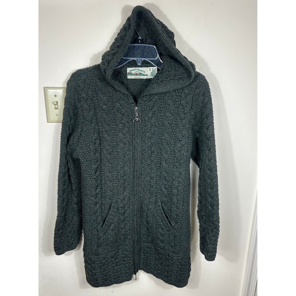 Aran Crafts Hooded Zip Coat Women XS Merino Wool‎ Cable Knit Irish Cardigan READ